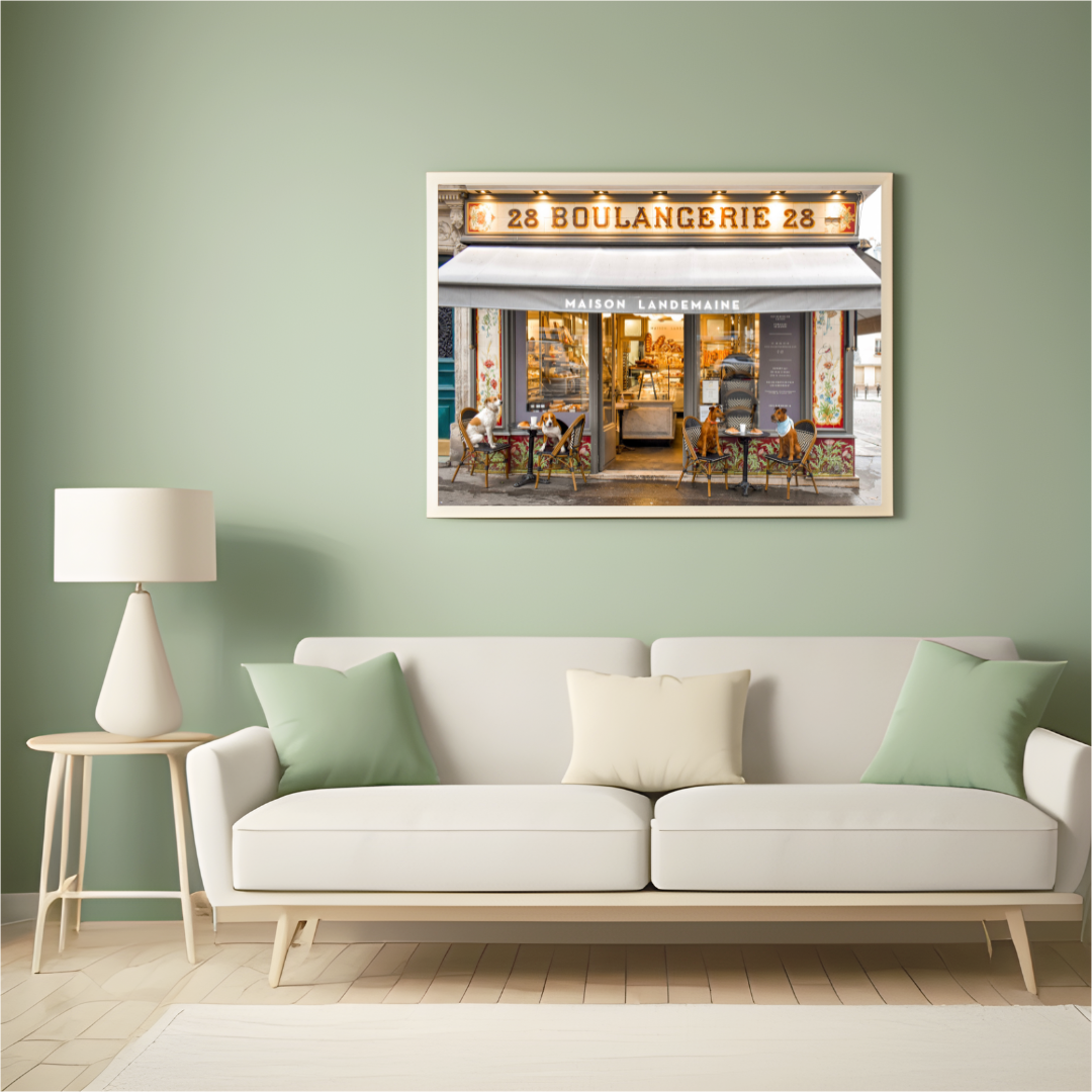a framed photo on a green wall
