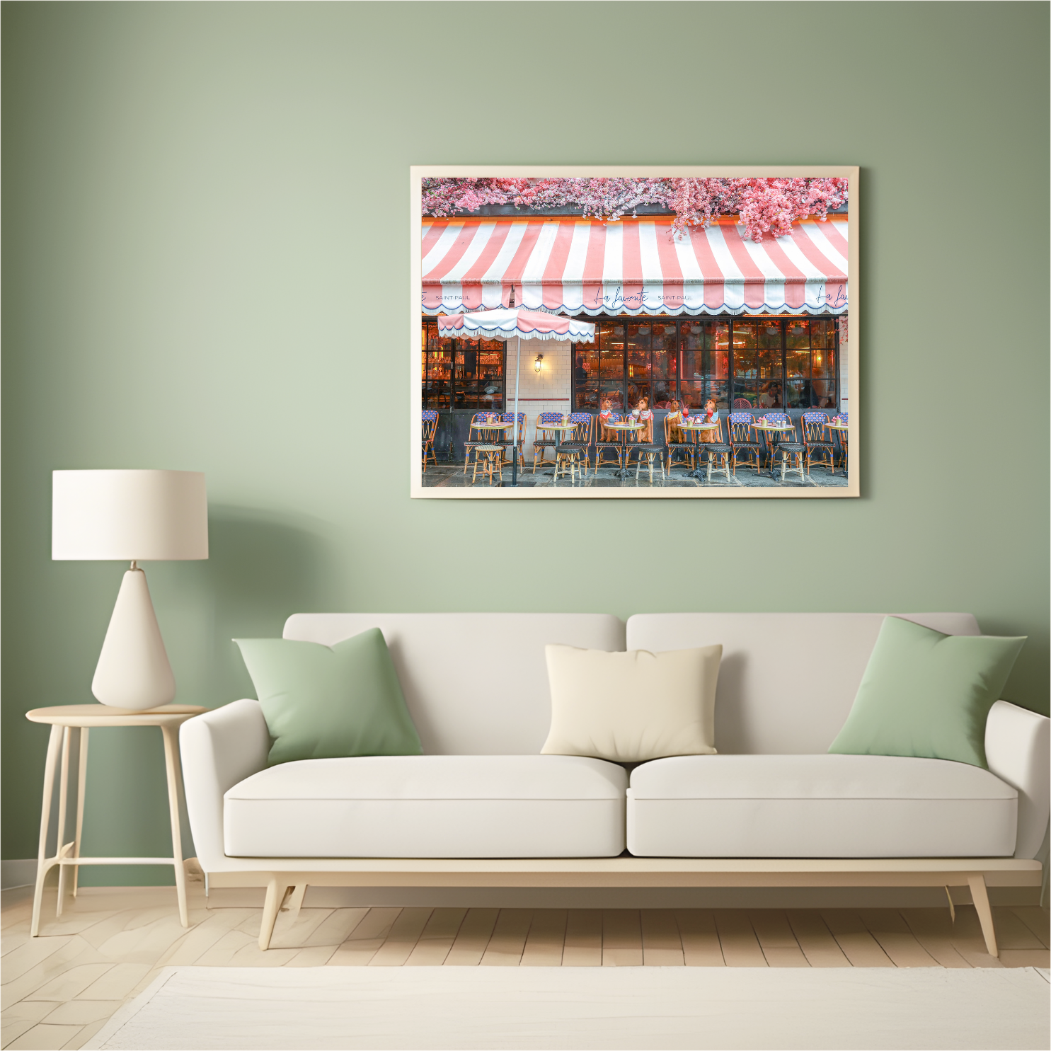 a framed picture hanging above a couch