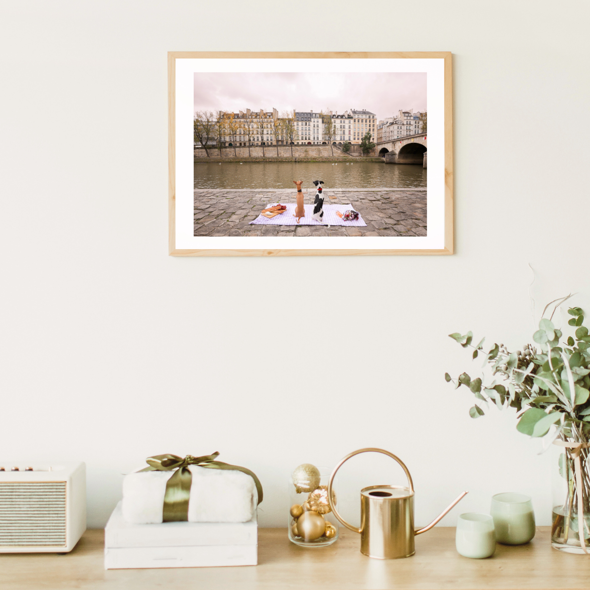 framed photo above a counter
