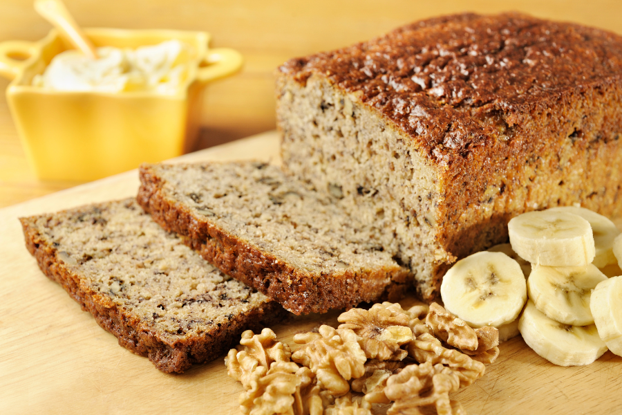 banana bread with walnuts and banana slices