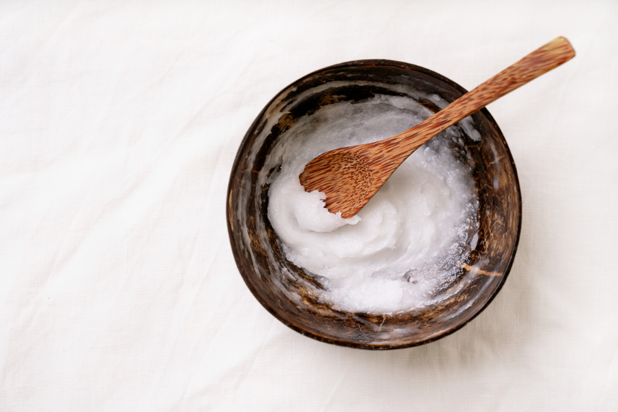 coconut oil in a wooden bowl