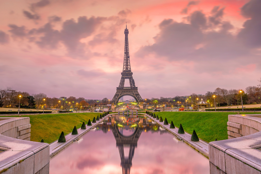 eiffel tower with a pink sky