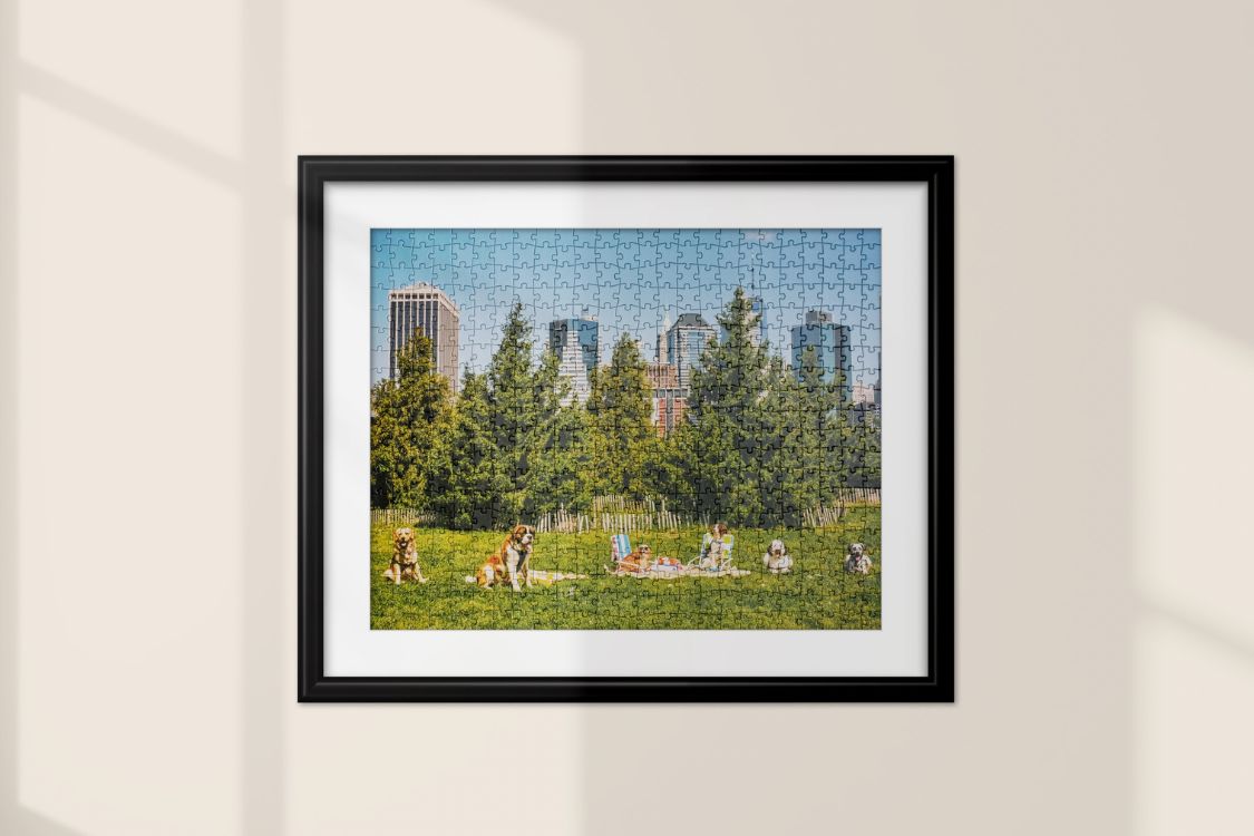 a jigsaw puzzle framed on a wall