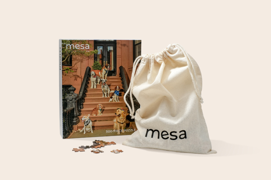 mesa puzzle with a draw string bag
