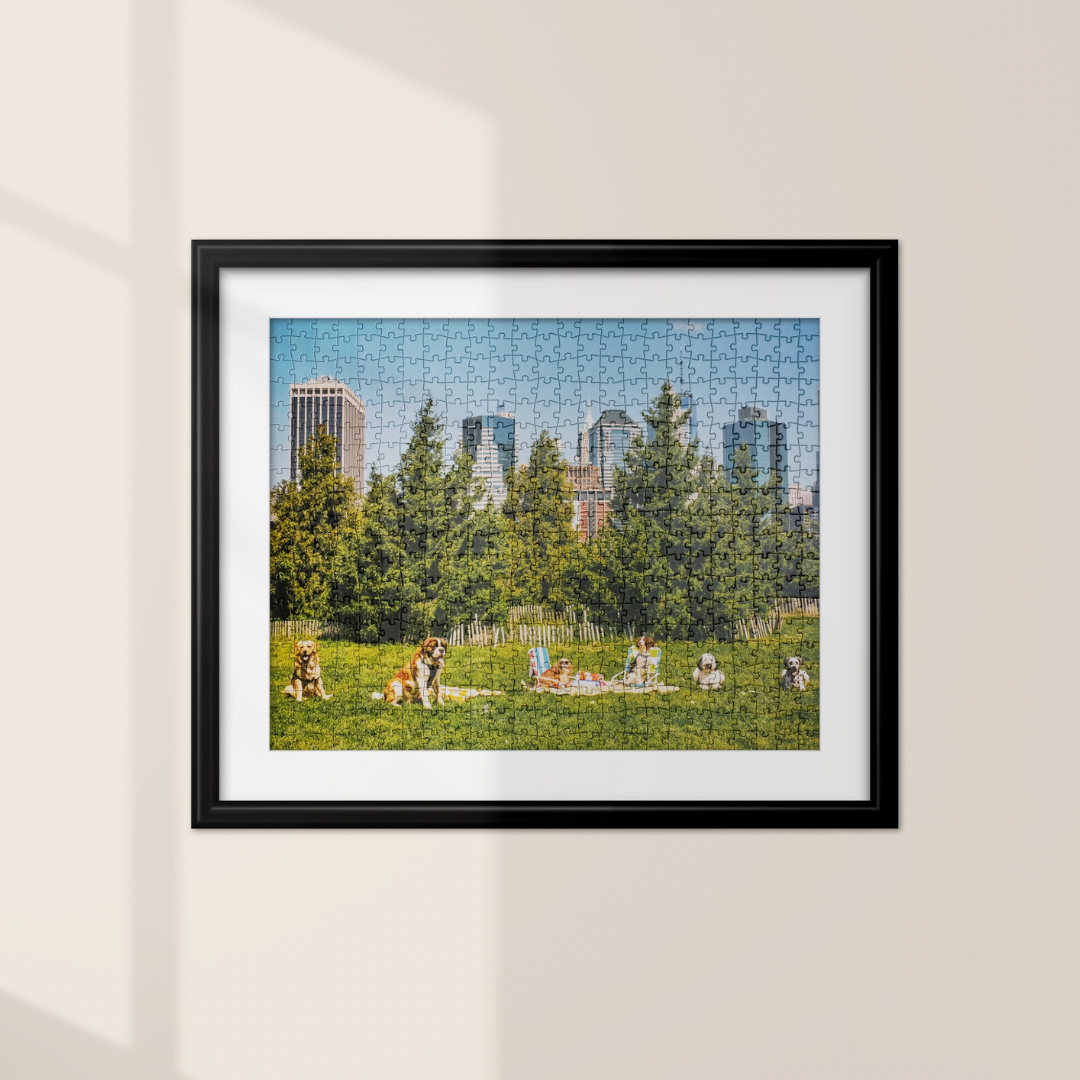 dogs in a picnic puzzle framed