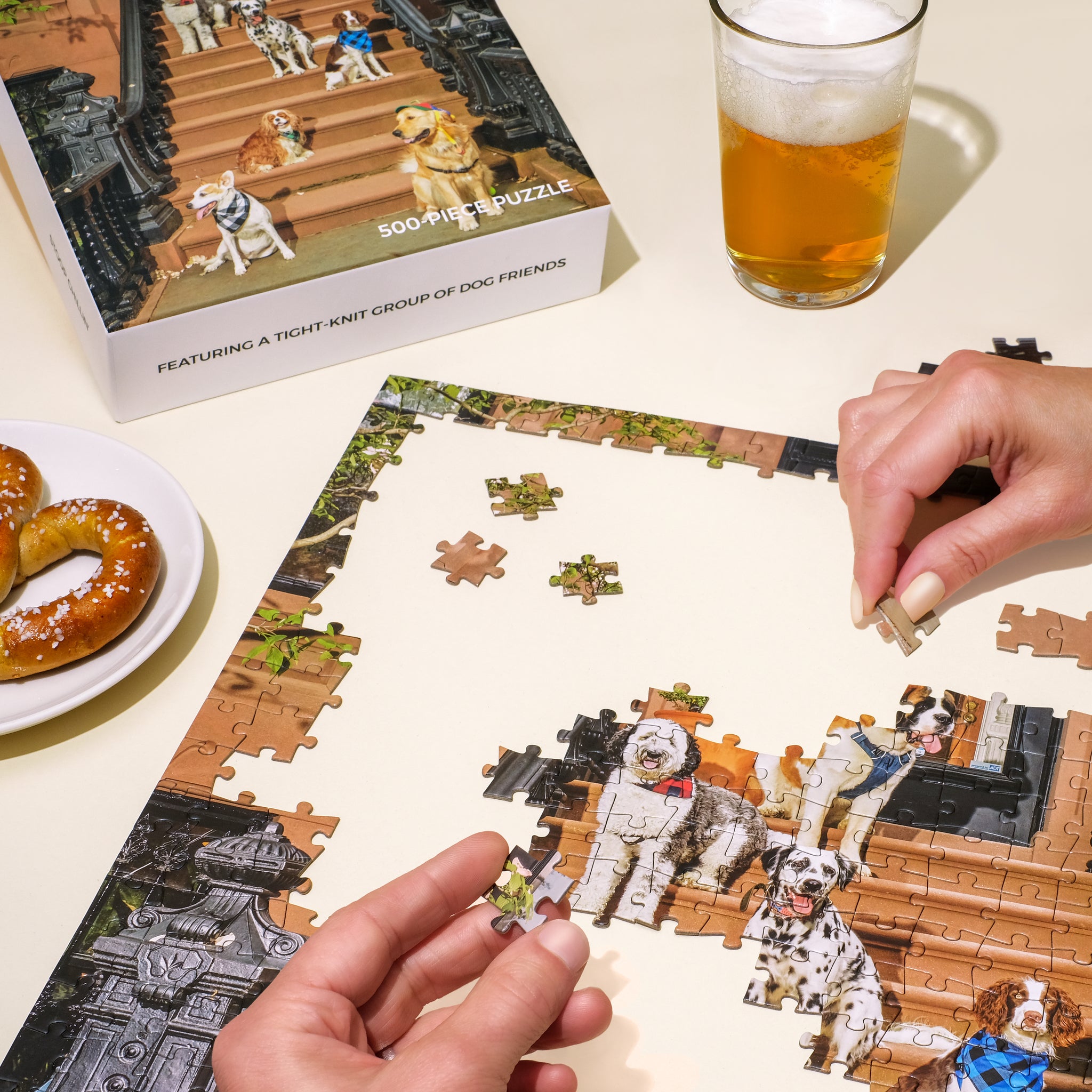 puzzle with dogs and beer and a pretzel